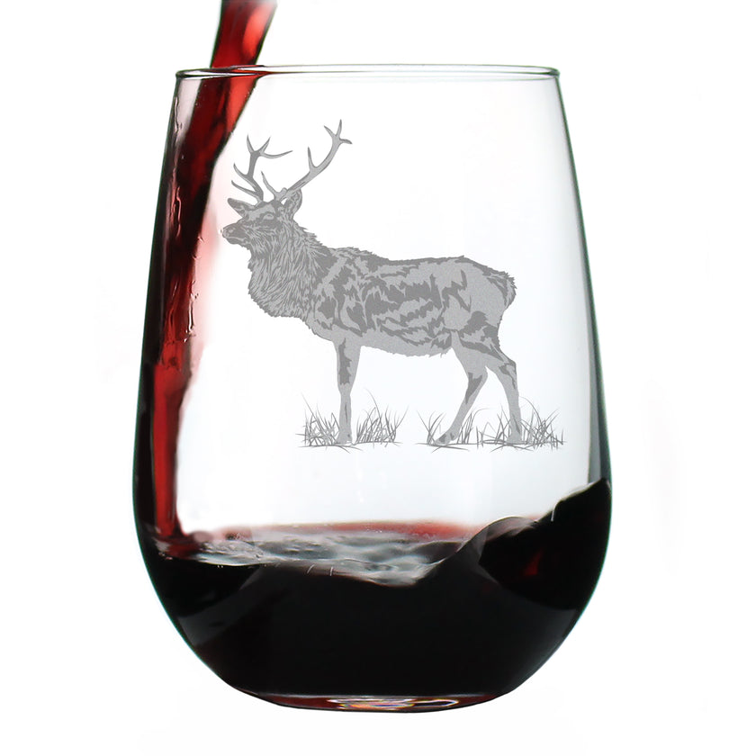 Elk Engraved Stemless Wine Glass - Multi-Layer Engraving - 17 oz & 15 oz