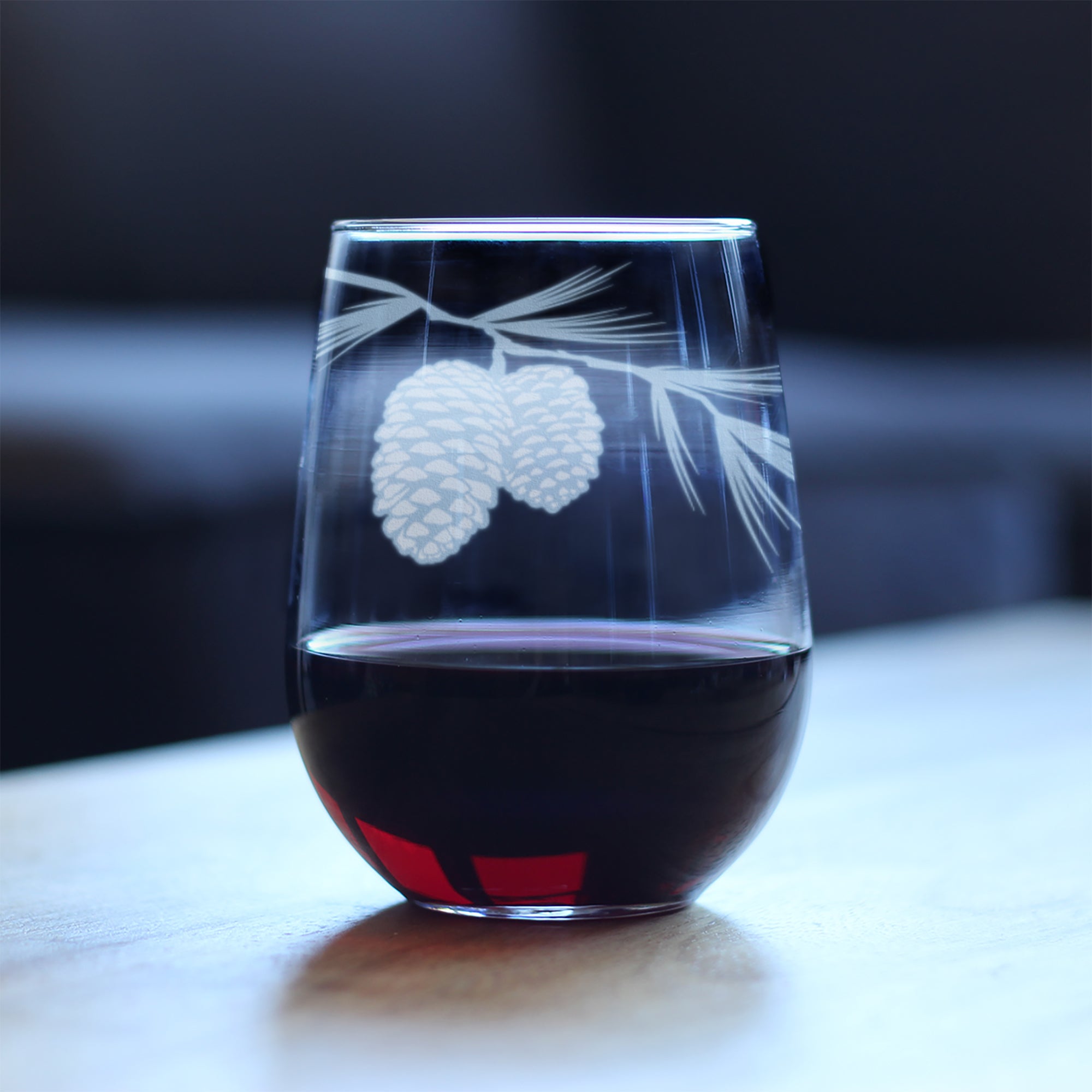 Pinecones Engraved Stemless Wine Glass - Multi-Layer Engraving - 17 oz & 15 oz