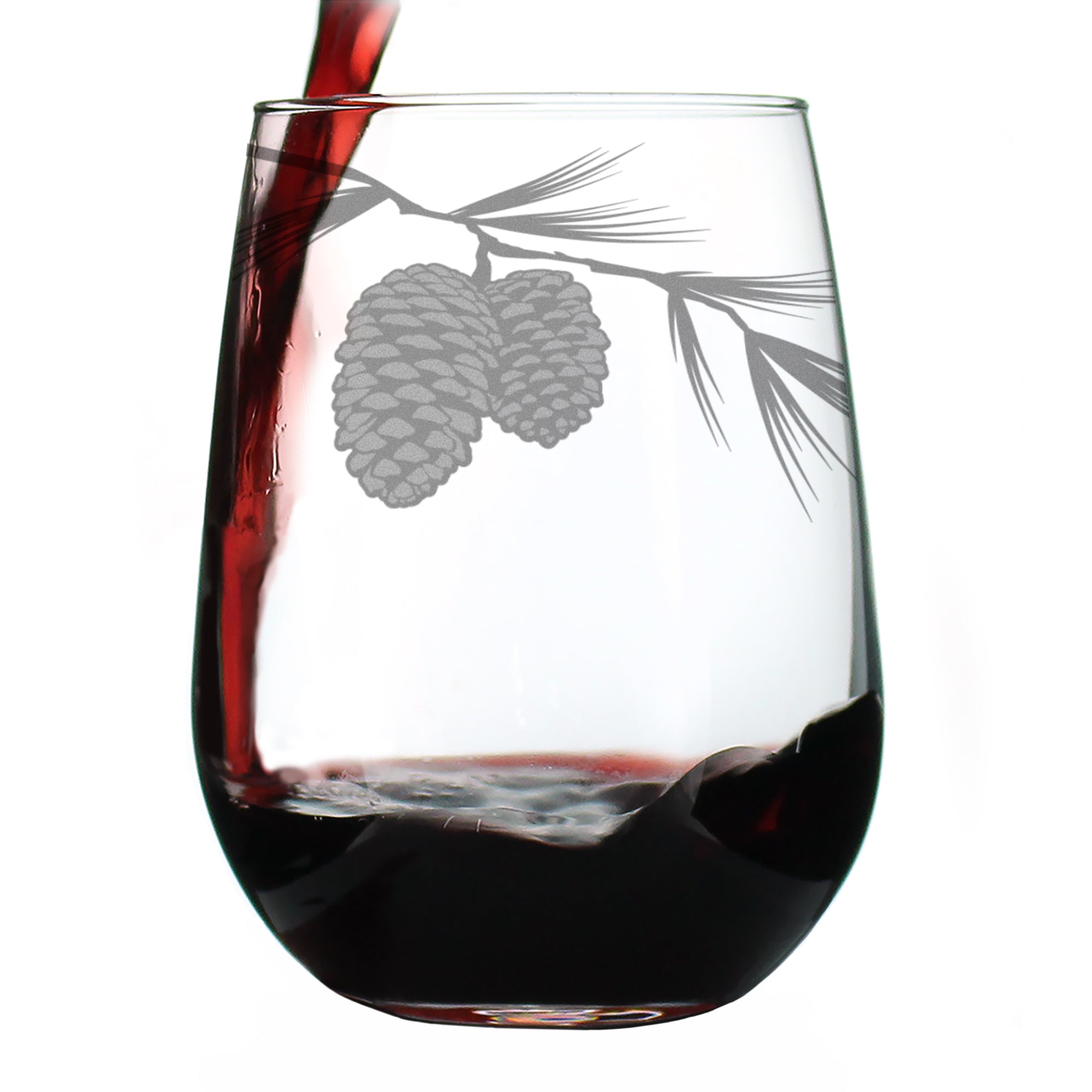 Pinecones Engraved Stemless Wine Glass - Multi-Layer Engraving - 17 oz & 15 oz