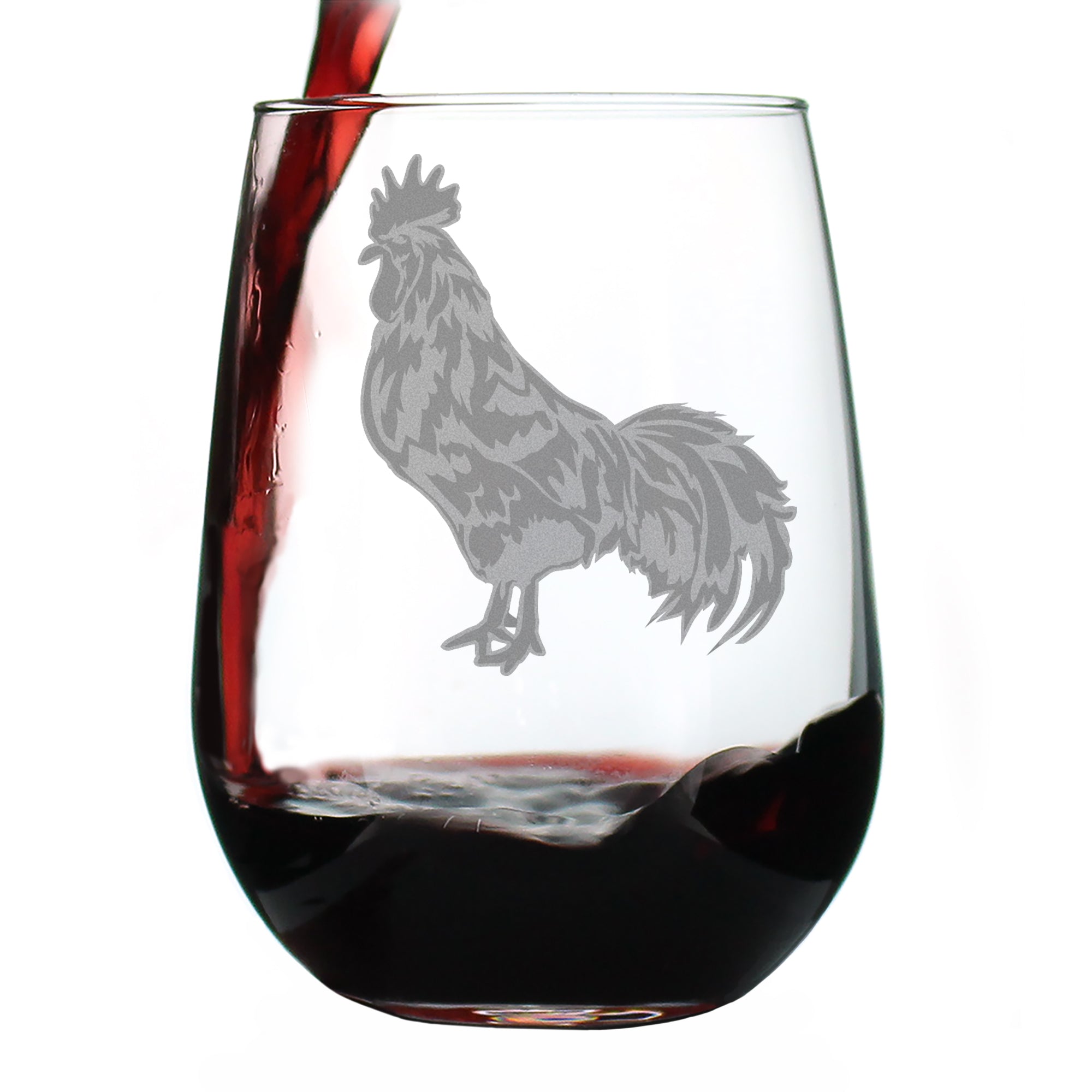 Rooster Engraved Stemless Wine Glass - Multi-Layer Engraving - 17 oz & 15 oz