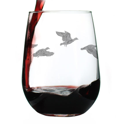 Flying Ducks Engraved Stemless Wine Glass - Full Wrap - Multi-Layer Engraving - 17 oz & 15 oz