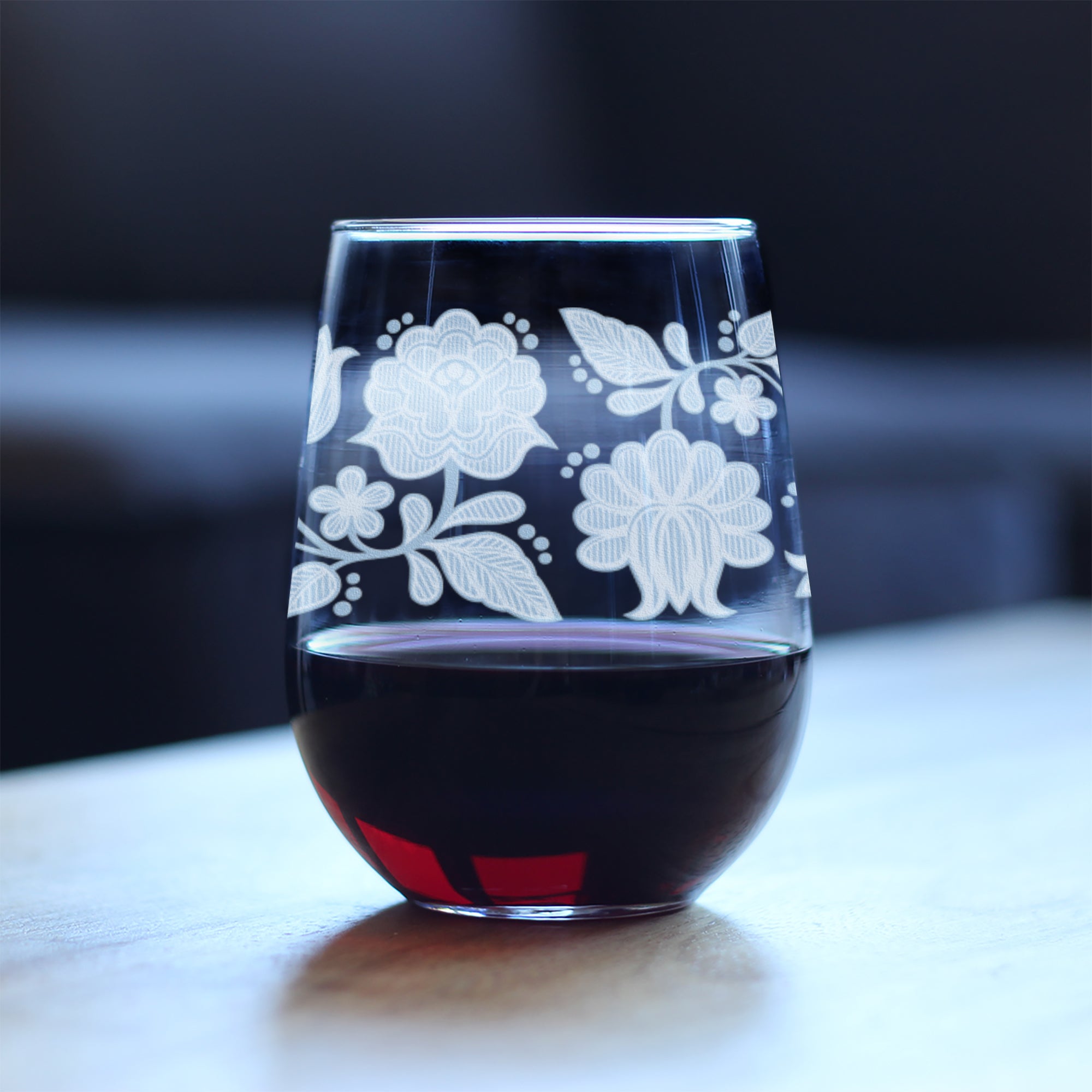 Folk Art Floral Engraved Stemless Wine Glass Hungarian Kalocsa Embroidery Pattern Multi-Layer Engraving - 17 oz & 15 oz