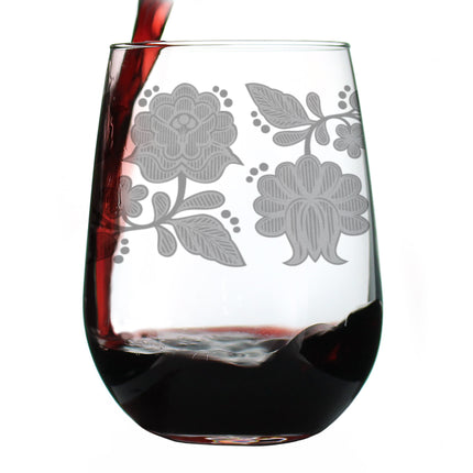 Folk Art Floral Engraved Stemless Wine Glass Hungarian Kalocsa Embroidery Pattern Multi-Layer Engraving - 17 oz & 15 oz