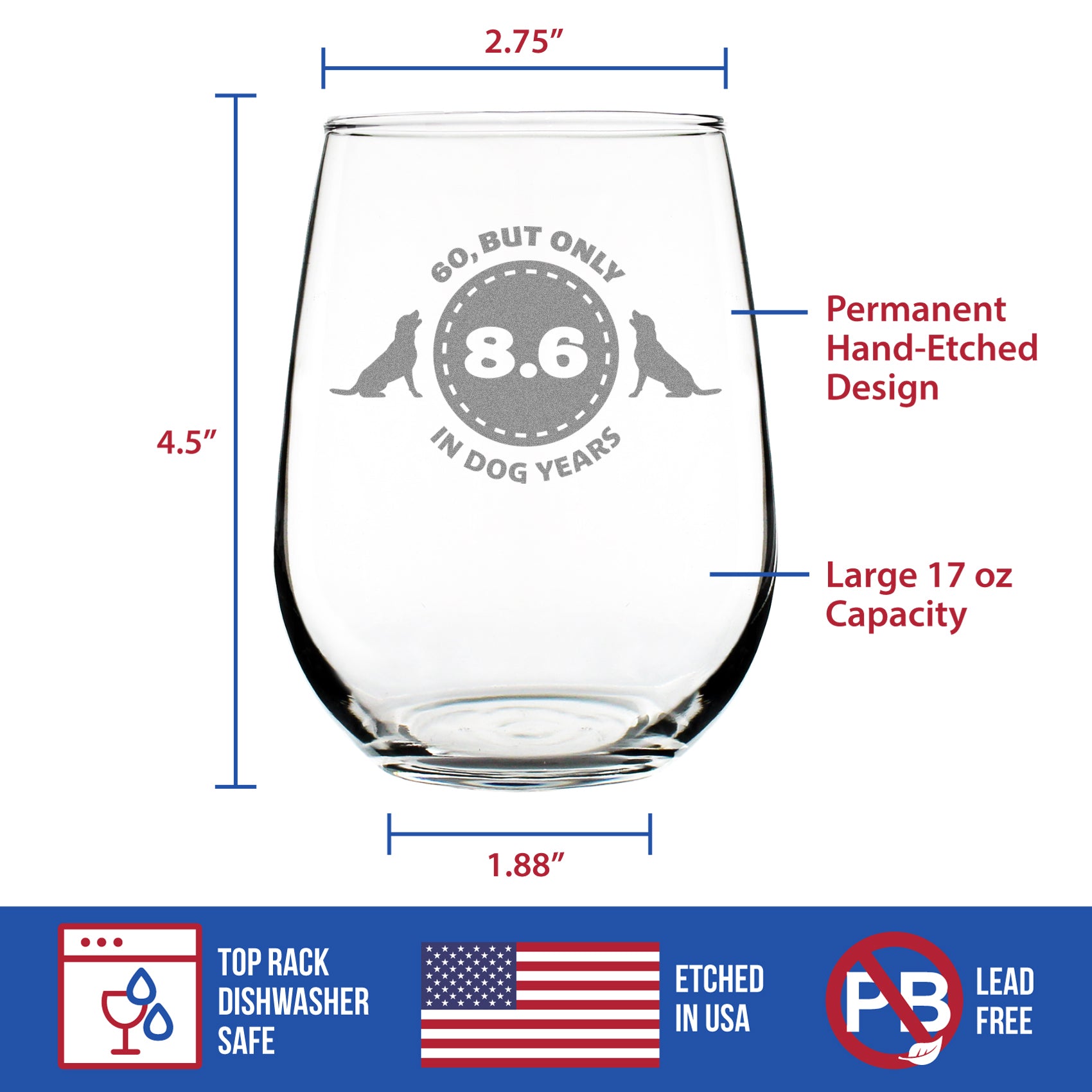 60th Birthday Dog Years - Stemless Wine Glass Gift - Unique Funny Bday Gifts for Women and Men Turning 60 - Large 17 Ounce
