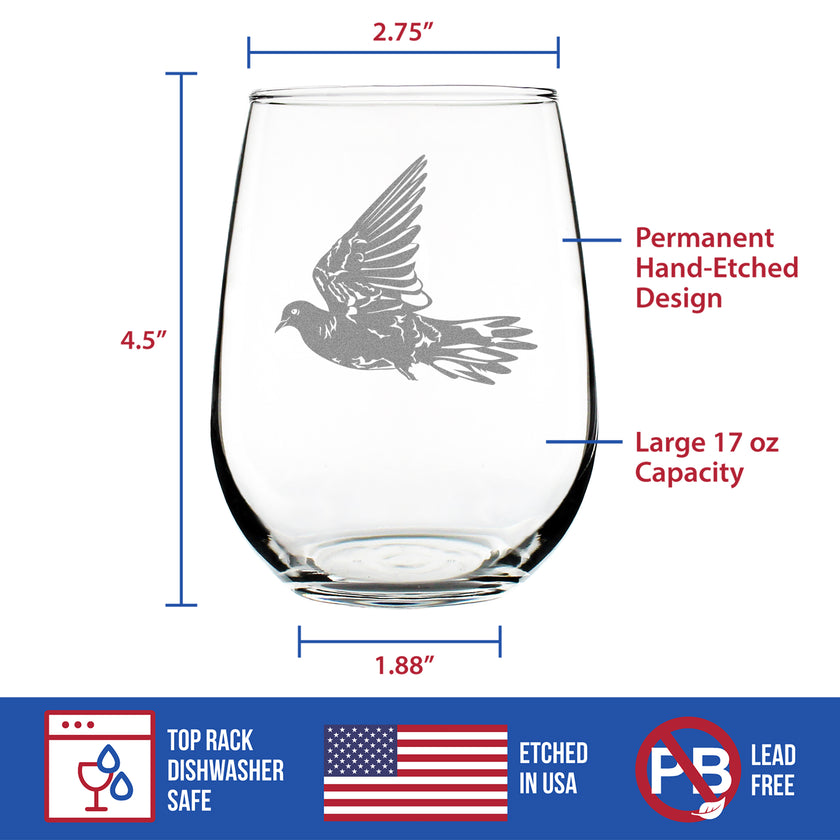 Dove - Engraved Stemless Wine Glass Birds Decor, Accessories and Bird Themed Gifts for Bird Lovers Large Wine Glasses - 17 oz