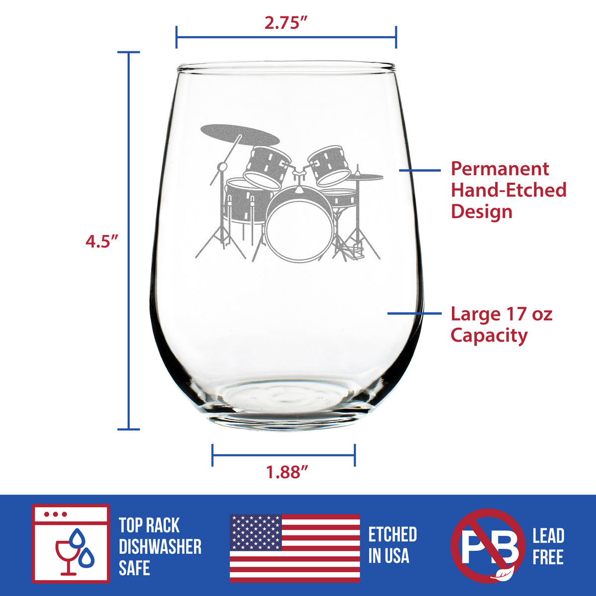 Drums - Stemless Wine Glass - Drumming Gifts for Drummers - Large 17 Ounce Glasses