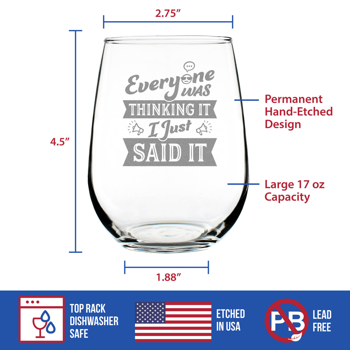 Everyone Was Thinking It - Stemless Wine Glass - Funny Sarcasm Gifts for Women and Men - Large 17 Ounce Glasses