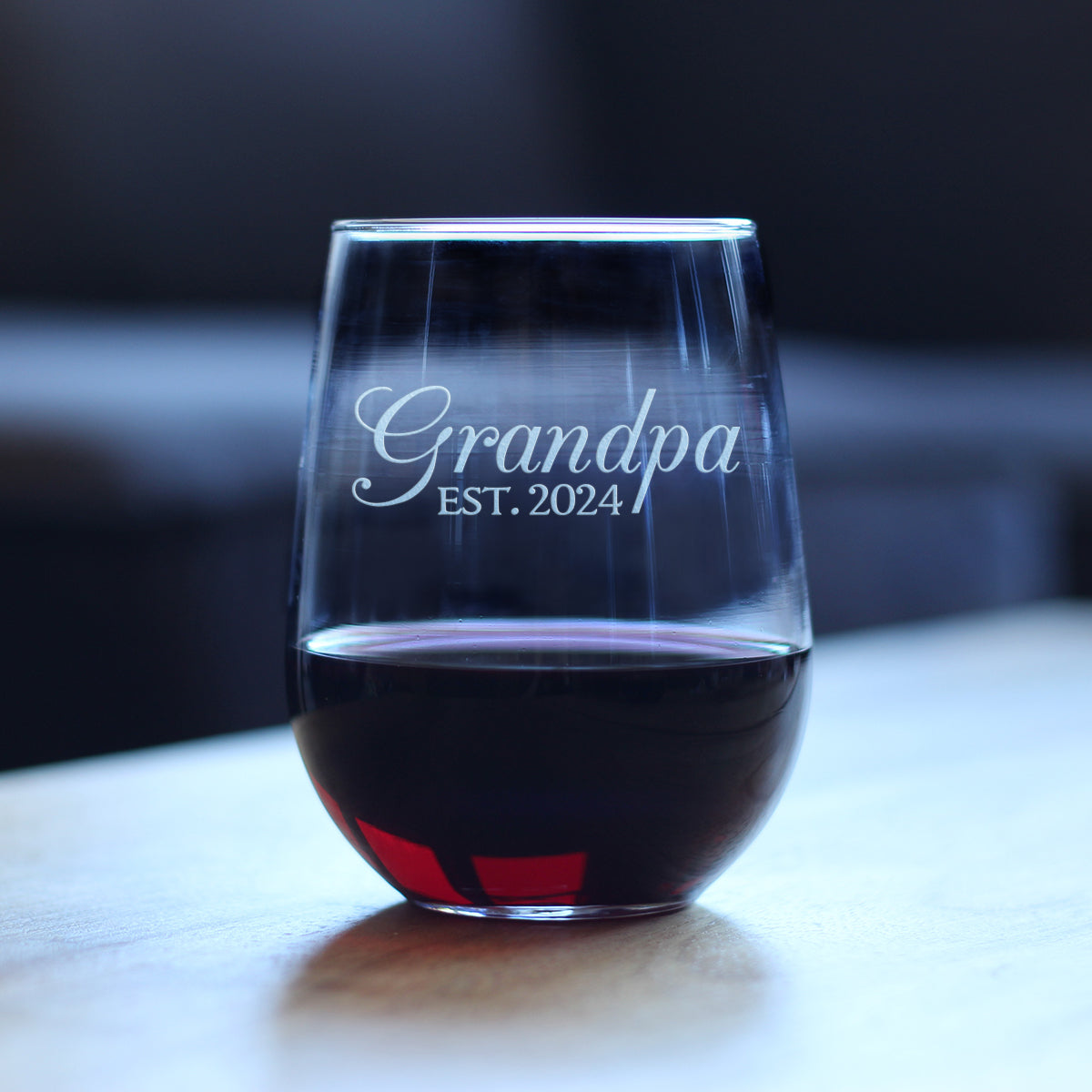 Grandpa Est 2024 - New Grandfather Stemless Wine Glass Gift for First Time Grandparents - Decorative 17 Oz Large Glasses
