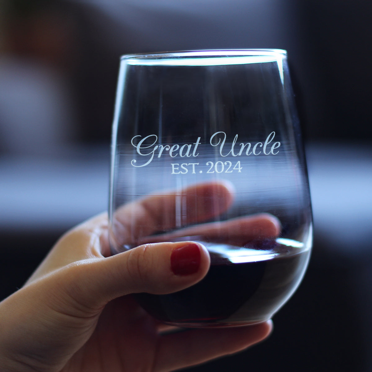 Great Uncle Est 2024 - Stemless Wine Glass Gift for First Time Great Uncles - Decorative 17 Oz Large Glasses