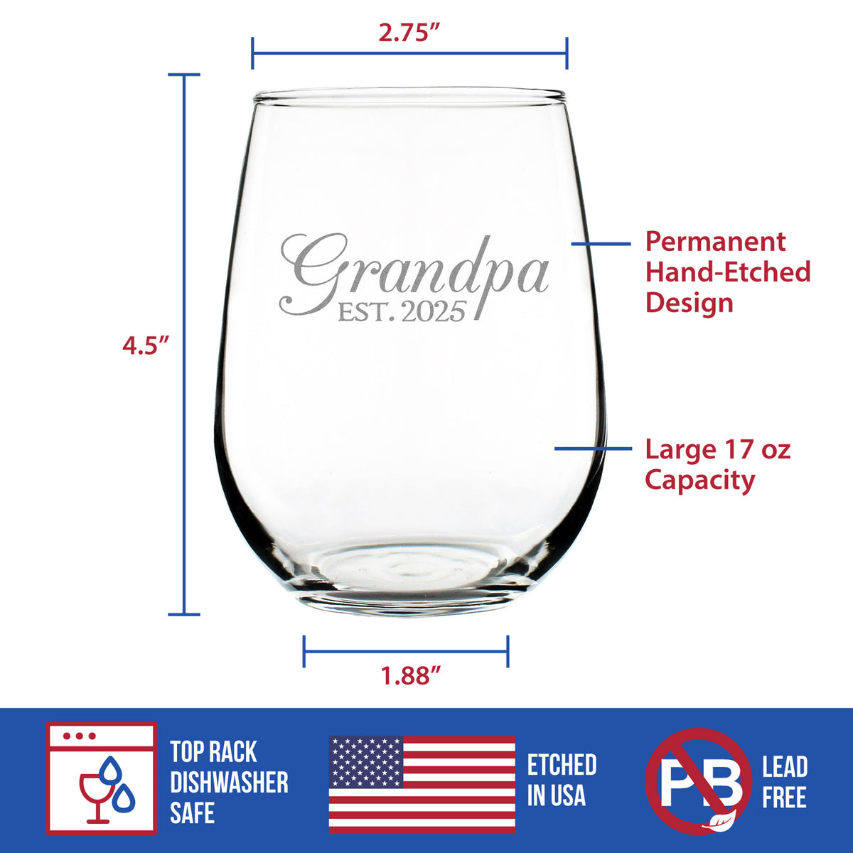 Grandpa Est 2025 - New Grandfather Stemless Wine Glass Gift for First Time Grandparents - Decorative 17 Oz Large Glasses