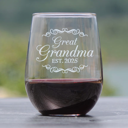 Great Grandma Est 2025 - New Great Grandmother Stemless Wine Glass Gift for First Time Great Grandparents - Decorative 17 Oz Large Glasses