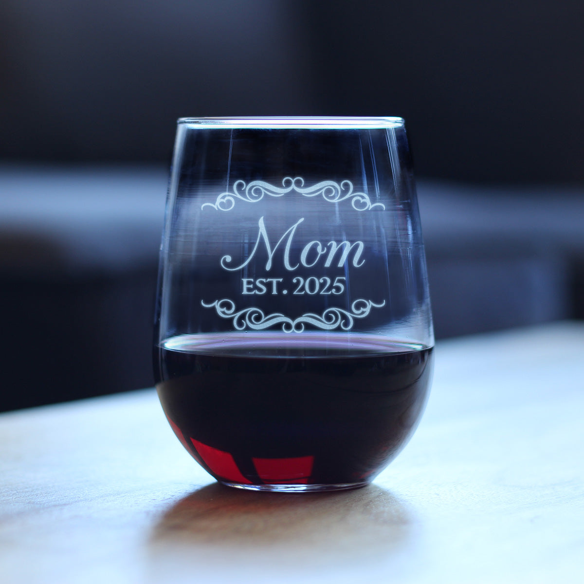 Mom Est 2025 - New Mother Stemless Wine Glass Gift for First Time Parents - Decorative 17 Oz Large Glasses