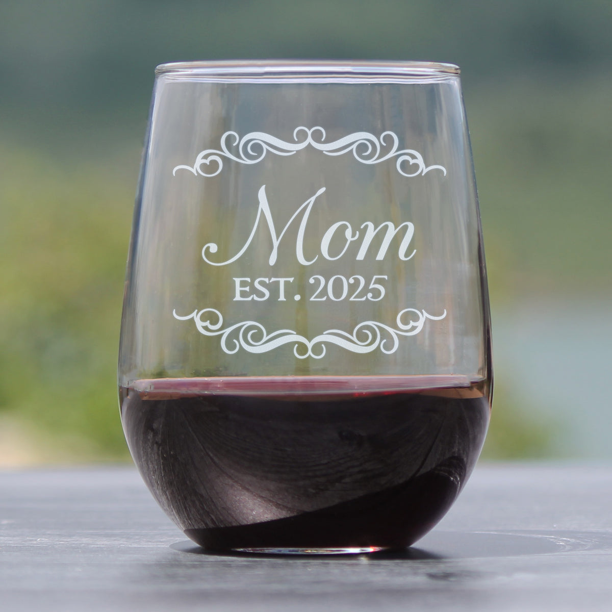 Mom Est 2025 - New Mother Stemless Wine Glass Gift for First Time Parents - Decorative 17 Oz Large Glasses