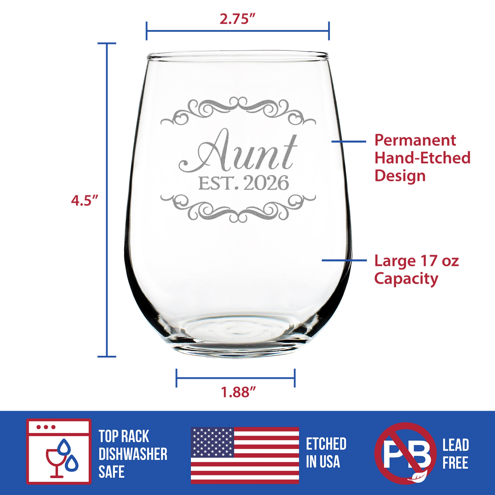 Aunt Est 2026 - Engraved Stemless Wine Glass - New Aunt Gift for First Time Aunts - Decorative Large Wine Glasses - 17 oz