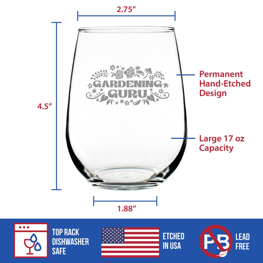 Gardening Guru - Engraved Stemless Wine Glass - Gardening Gifts for Gardeners - Large Wine Glasses - 17 oz