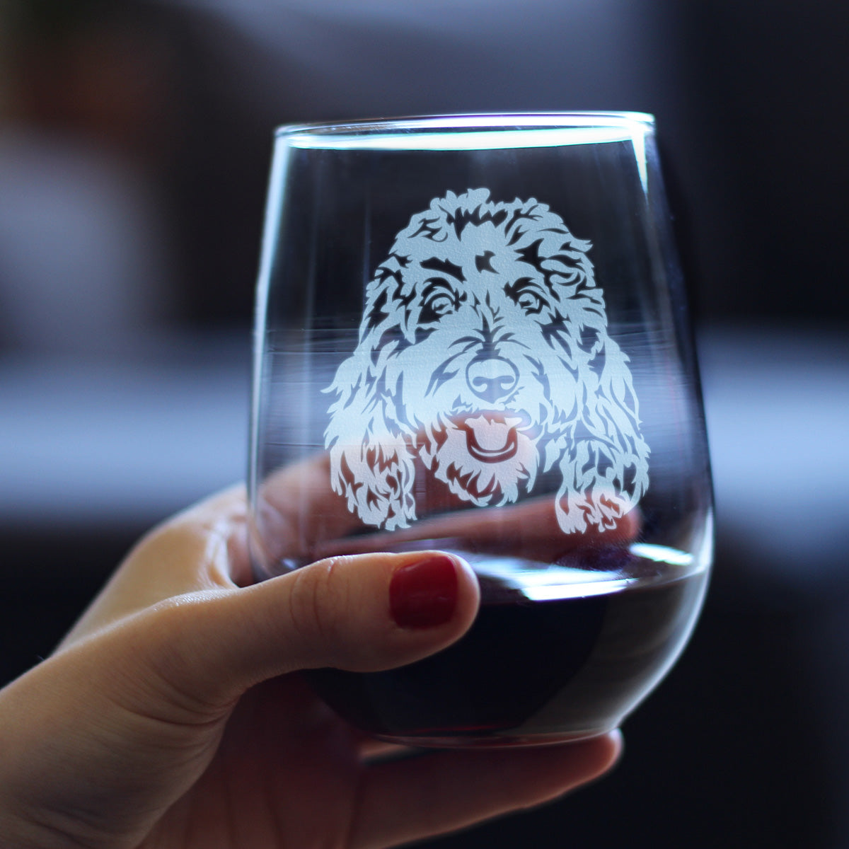 Golden Doodle Face - Stemless Wine Glass - Goldendoodle Gifts for Women &amp; Men - Large 17 Ounce Glasses