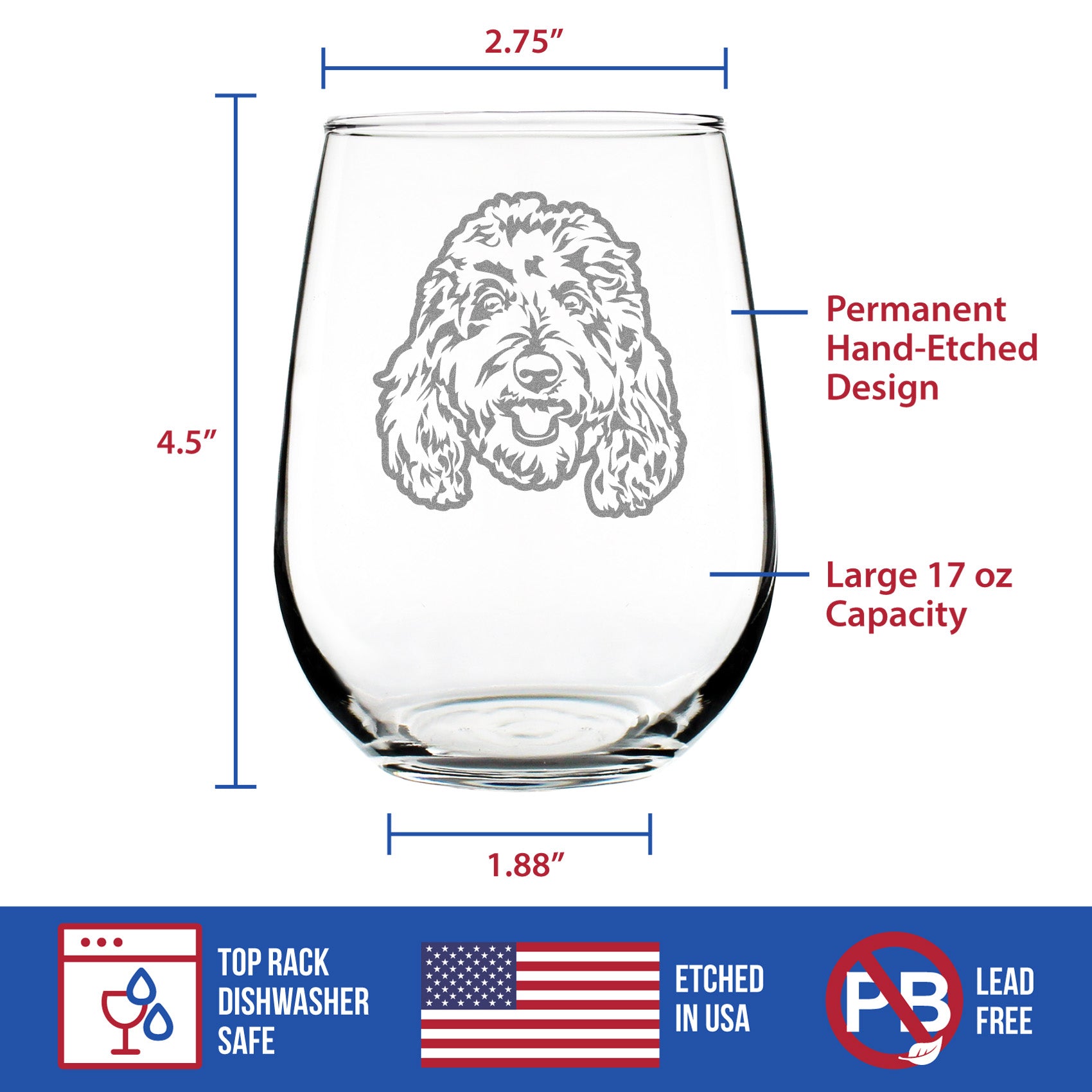 Golden Doodle Face - Stemless Wine Glass - Goldendoodle Gifts for Women & Men - Large 17 Ounce Glasses