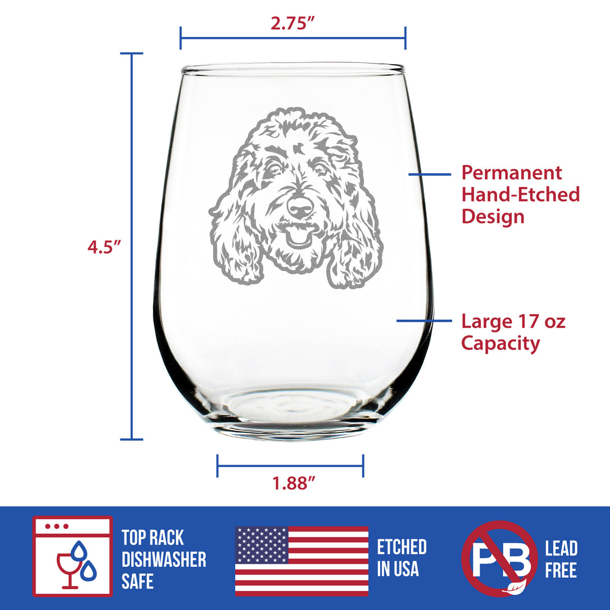 Golden Doodle Face - Stemless Wine Glass - Goldendoodle Gifts for Women &amp; Men - Large 17 Ounce Glasses