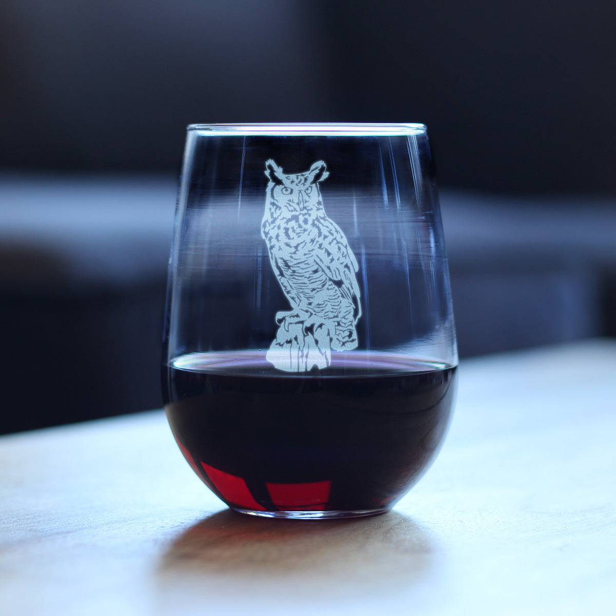 Great Horned Owl Engraved Stemless Wine Glass Owl Decor and Bird Lover Gifts Large Wine Glasses - 17 oz