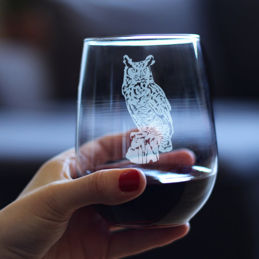 Great Horned Owl Engraved Stemless Wine Glass Owl Decor and Bird Lover Gifts Large Wine Glasses - 17 oz