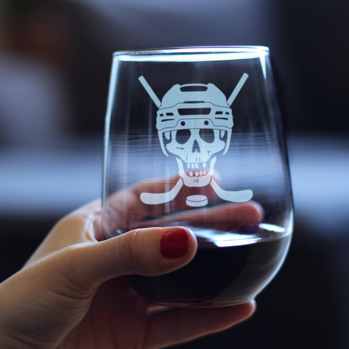 Hockey Skull Engraved Stemless Wine Glass Gifts Hockey Gifts for Coach or Players Large Wine Glasses - 17 oz