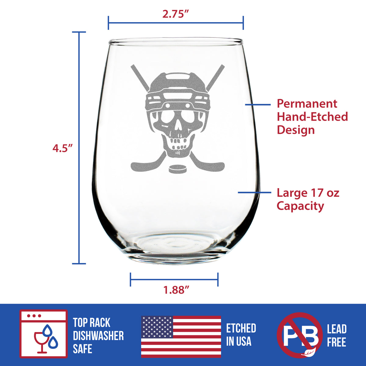 Hockey Skull Engraved Stemless Wine Glass Gifts Hockey Gifts for Coach or Players Large Wine Glasses - 17 oz