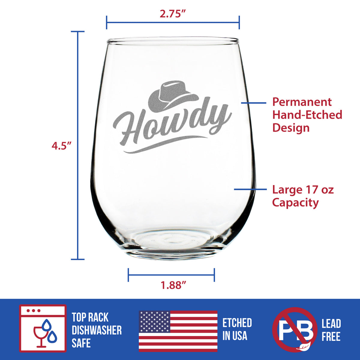 Howdy Engraved Stemless Wine Glass Gifts Country Western Decor for Home Large Wine Glasses - 17 oz