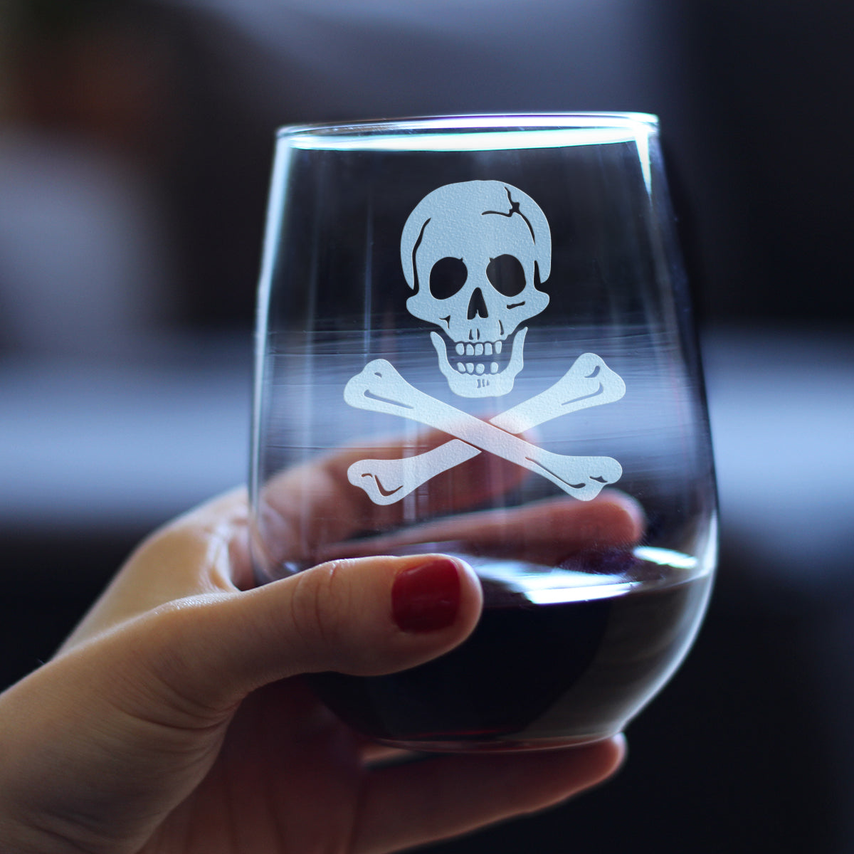 Skull and Crossbones Stemless Wine Glass - Skull Decor and Jolly Roger Flag Gifts - Large 17 Oz Glasses