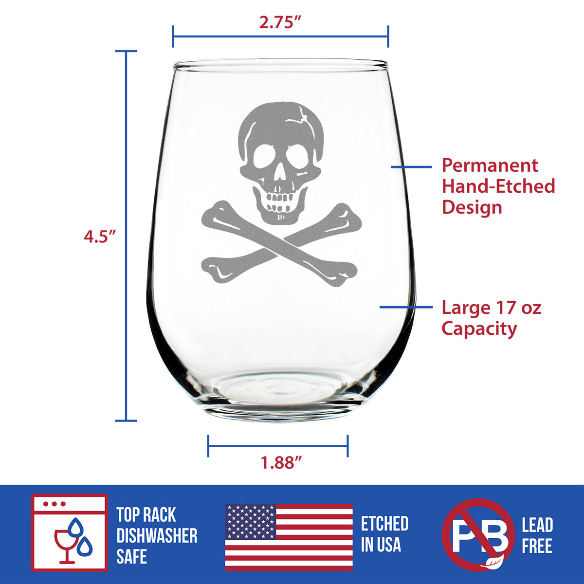 Skull and Crossbones Stemless Wine Glass - Skull Decor and Jolly Roger Flag Gifts - Large 17 Oz Glasses