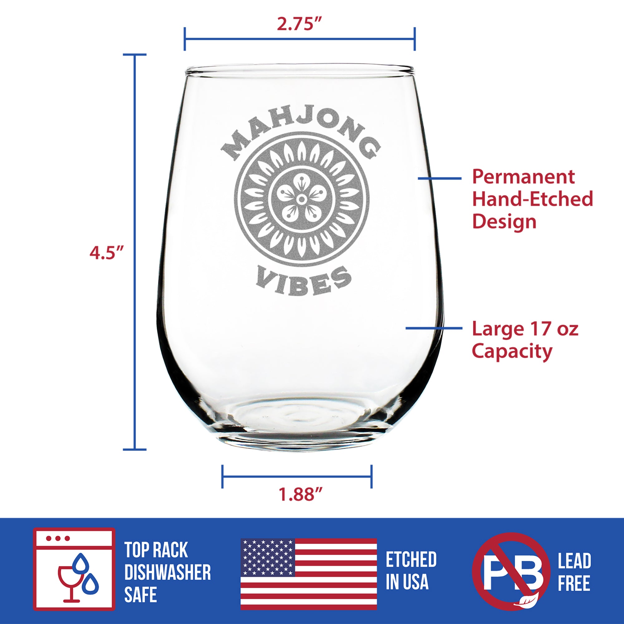 Mahjong Vibes - Engraved Stemless Wine Glass - 17 oz & 15 oz