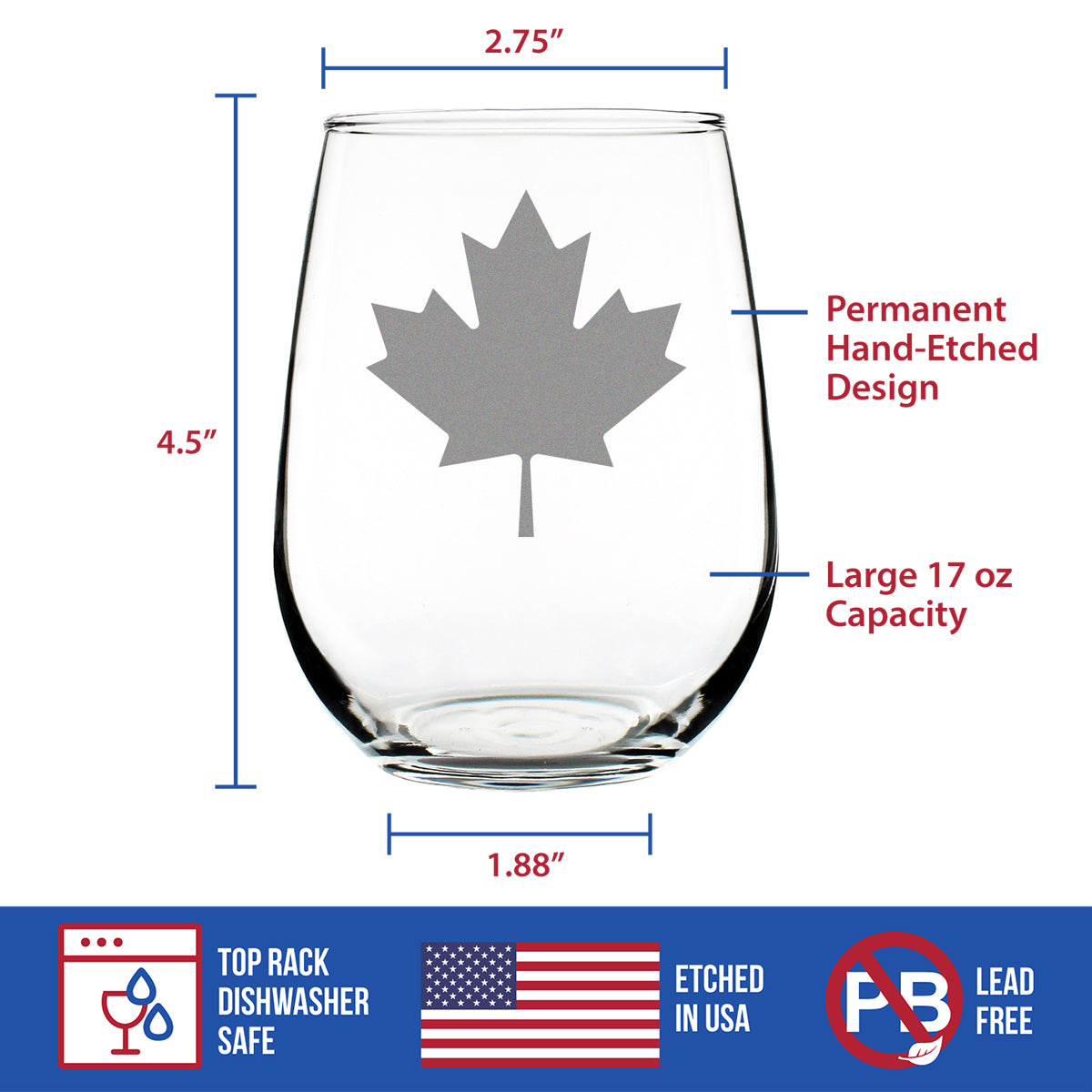 Canada Maple Leaf Stemless Wine Glass - Canadian Flag Gifts and Decor for Women and Men - Large 17 Oz Glasses