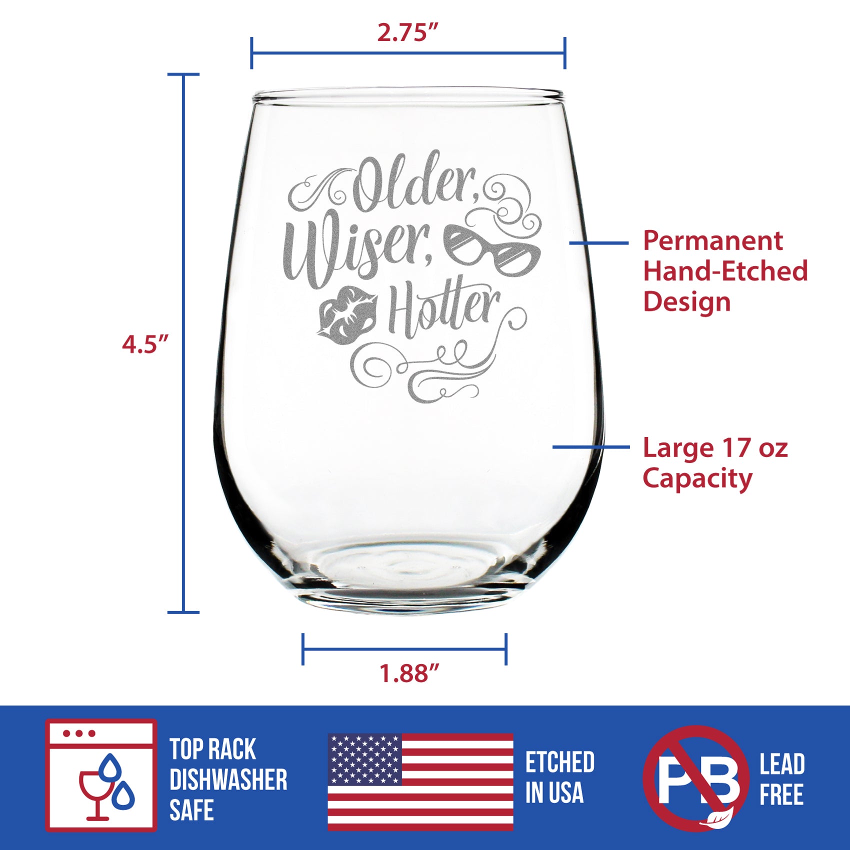 Older Wiser Hotter Engraved Stemless Wine Glass Gifts Funny Birthday Gifts for Women Large Wine Glasses - 17 oz