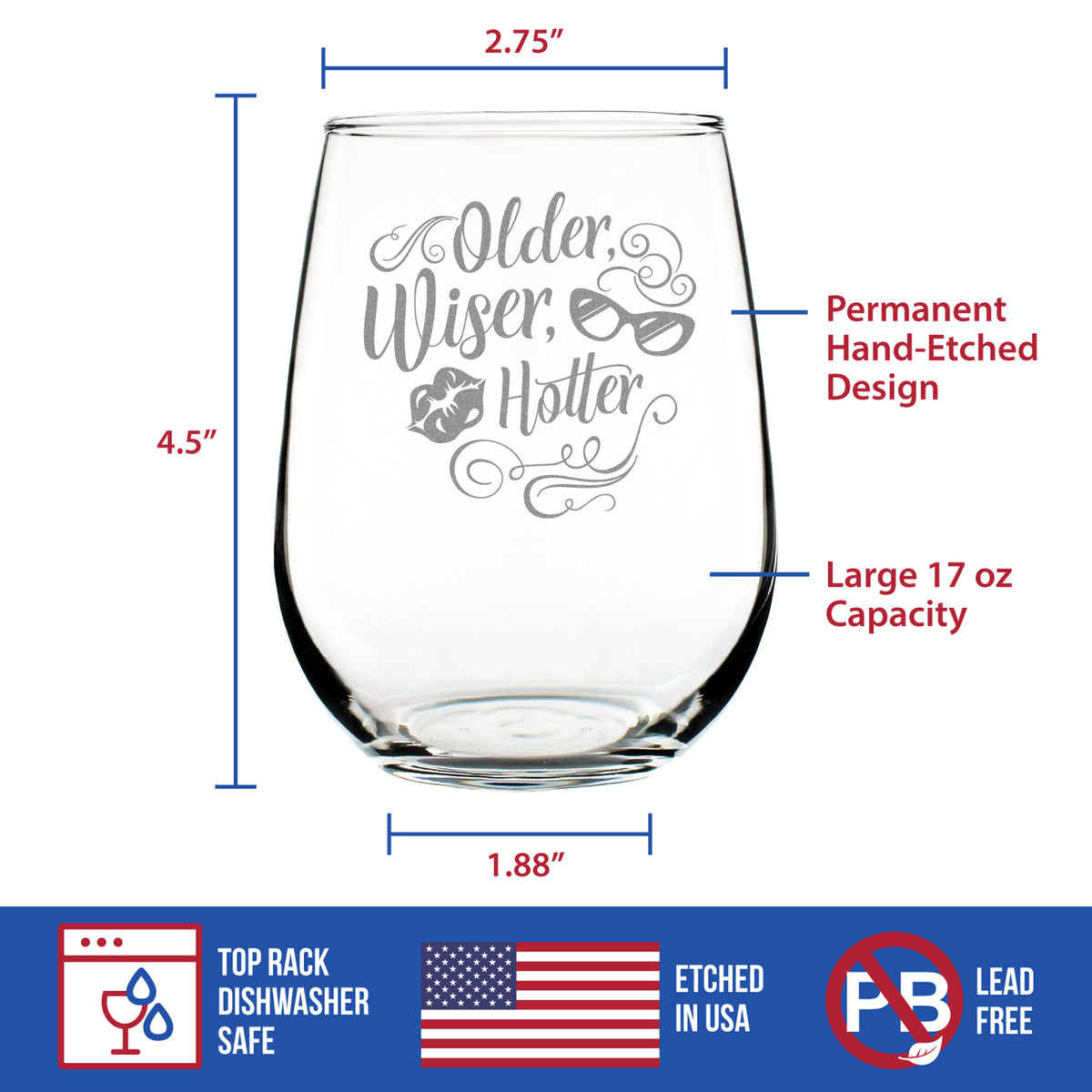Older Wiser Hotter Engraved Stemless Wine Glass Gifts Funny Birthday Gifts for Women Large Wine Glasses - 17 oz