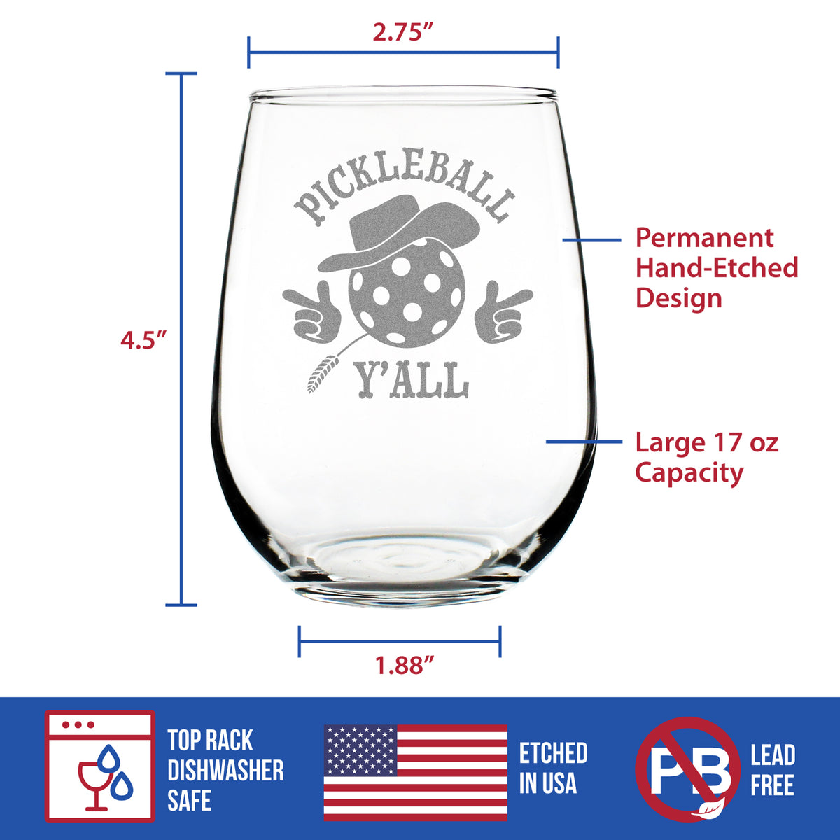 Pickleball Y&#39;all Engraved Stemless Wine Glass Gifts Funny Pickleball Gifts Large Wine Glasses - 17 oz
