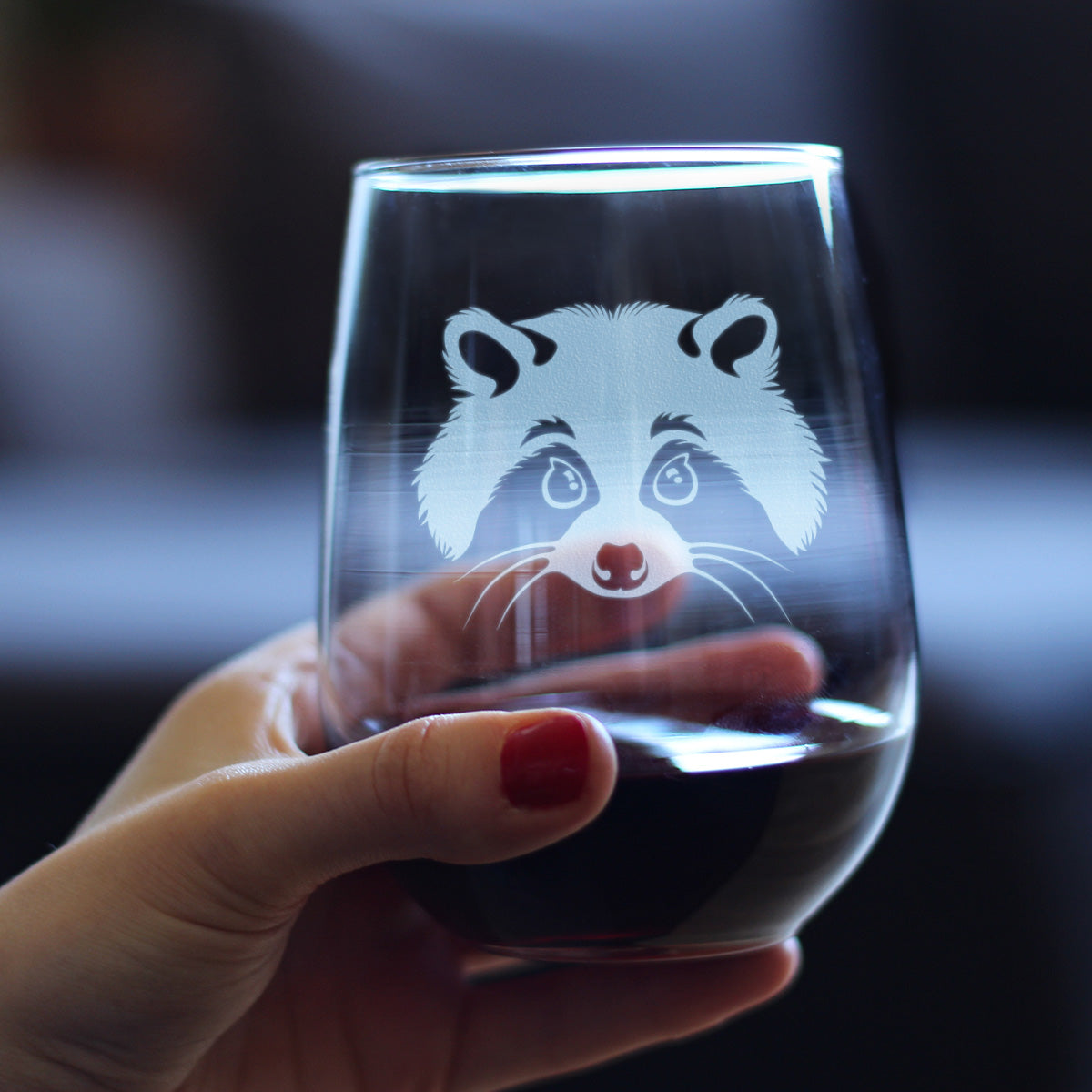 Raccoon Face - Stemless Wine Glass - Cute Raccoon Gifts for Animal Lovers - Large 17 Ounce Glasses