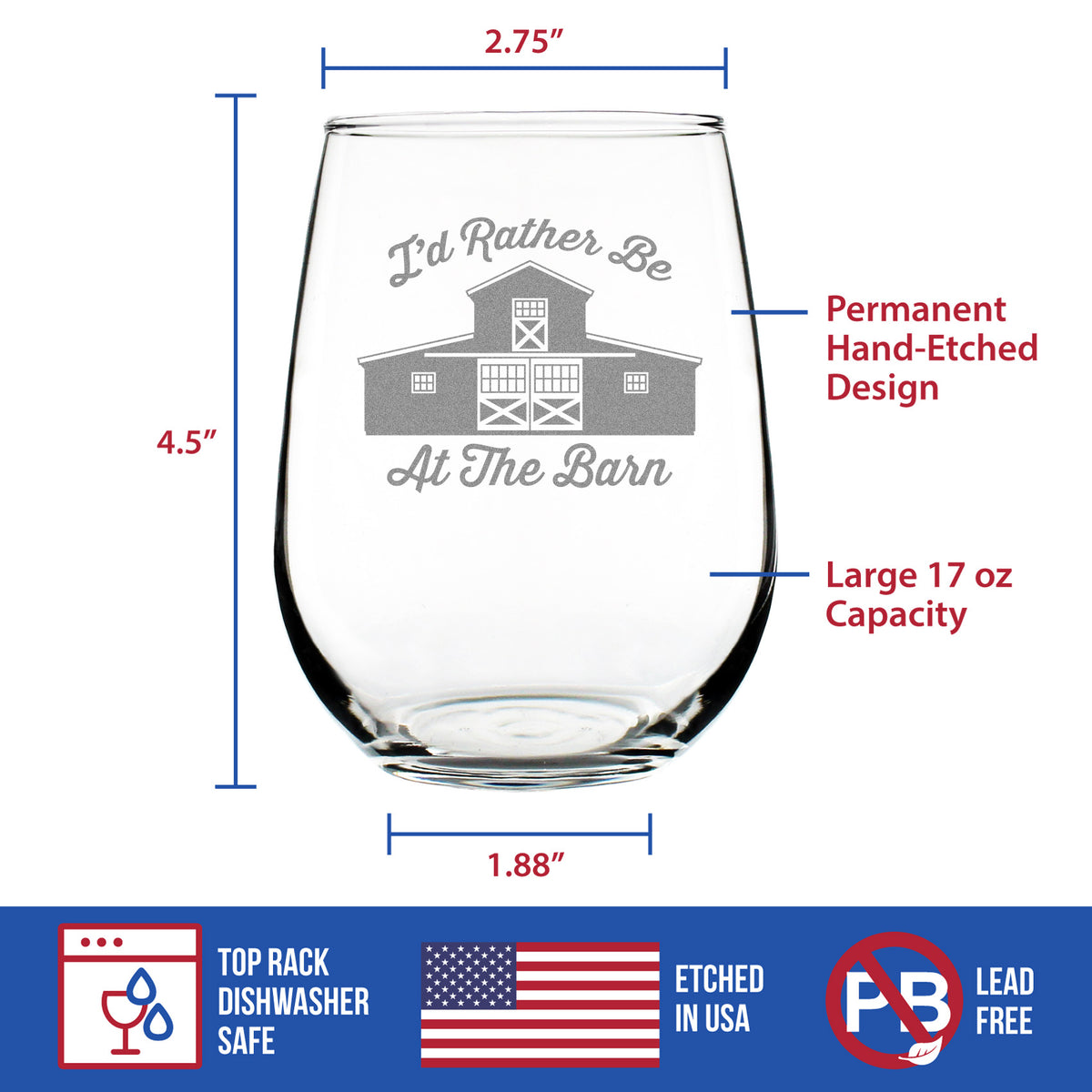 Rather Be At The Barn - Stemless Wine Glass - Farmhouse Decor for Women and Men - Large 17 Ounce Glasses