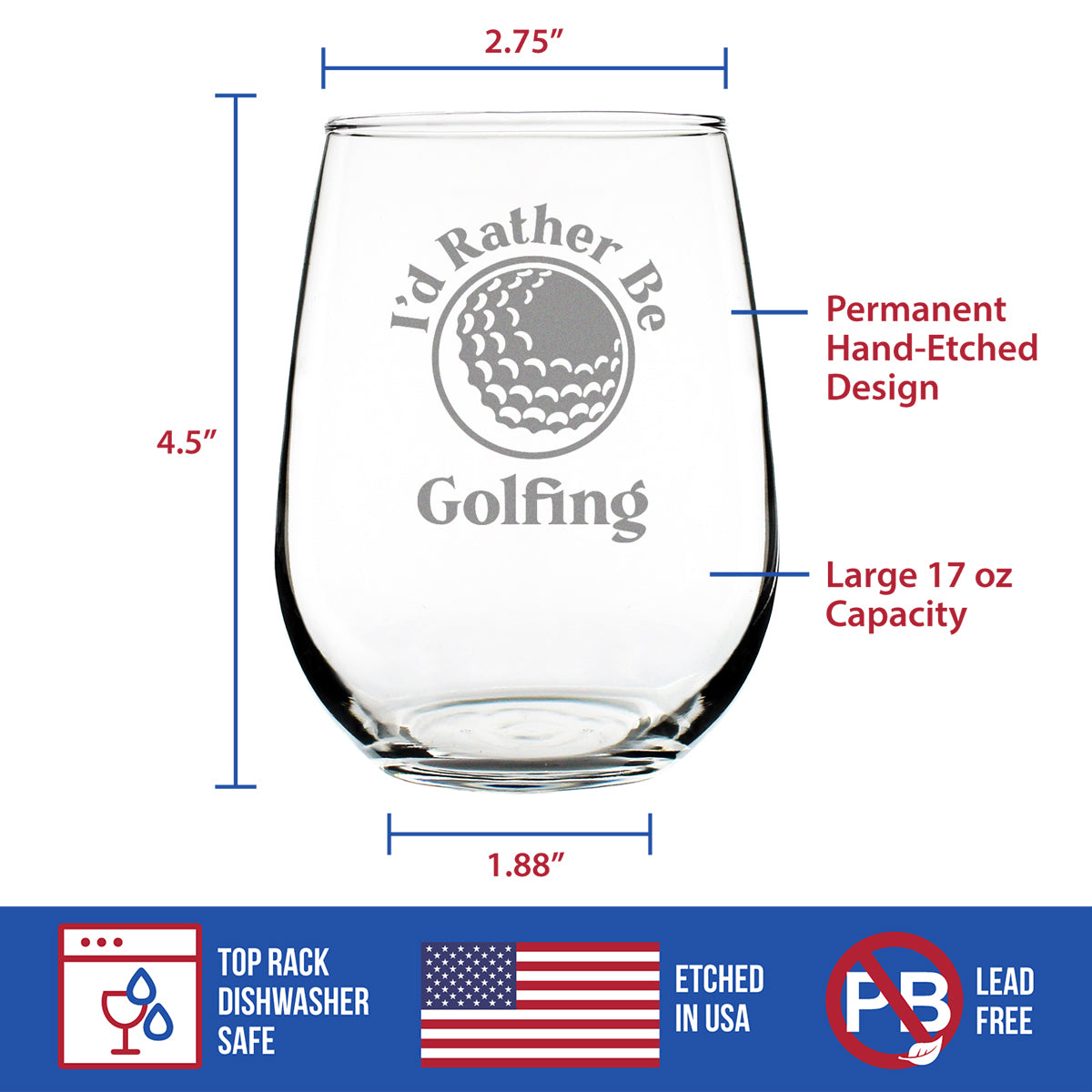 Rather Be Golfing - Funny Golf Gifts Engraved Stemless Wine Glass Gifts - Large Wine Glasses - 17 oz