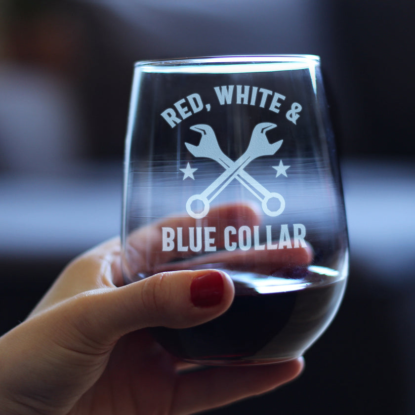 Red White & Blue Collar Engraved Stemless Wine Glass Gifts Gifts for Tradesmen, Manual Labor Workers Large Wine Glasses - 17 oz