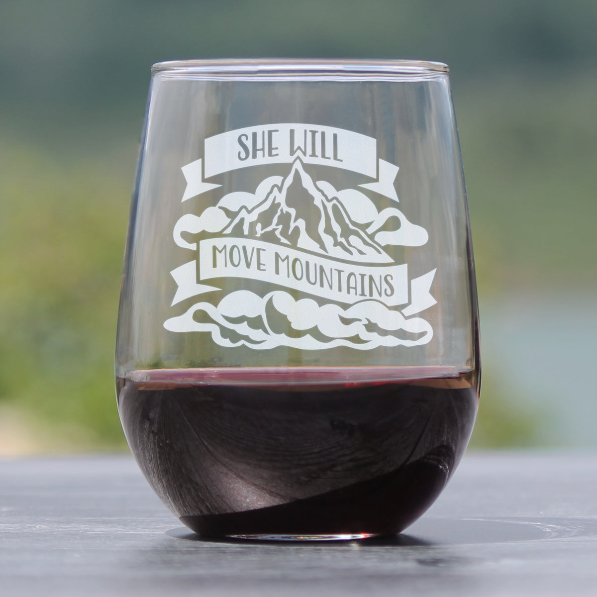 She Will Move Mountains - Stemless Wine Glass - Inspirational Gifts for Women - Large 17 Ounce Glasses