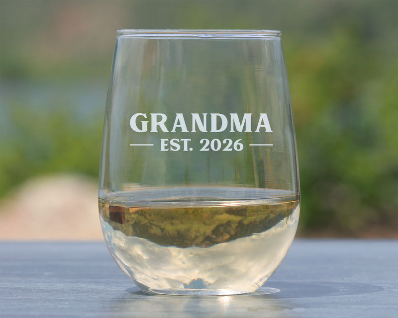 Grandma Est 2026 - Engraved Stemless Wine Glass - New Grandmother Gift for First Time Grandparents - Bold Large Wine Glasses - 17 oz