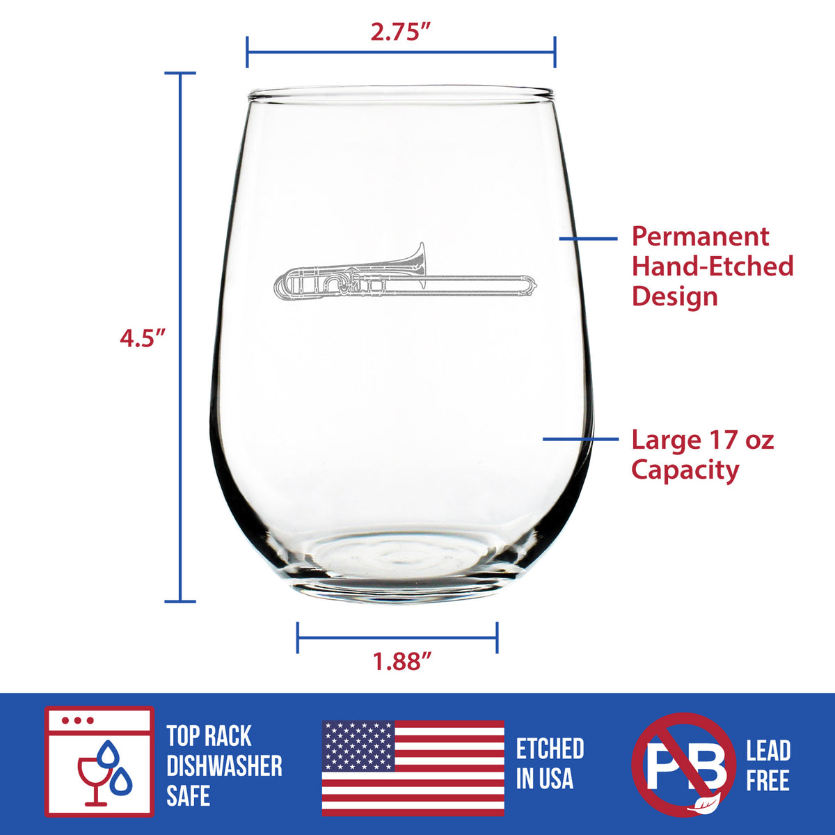 Trombone Engraved Stemless Wine Glass Gifts for Musicians Large Wine Glasses - 17 oz