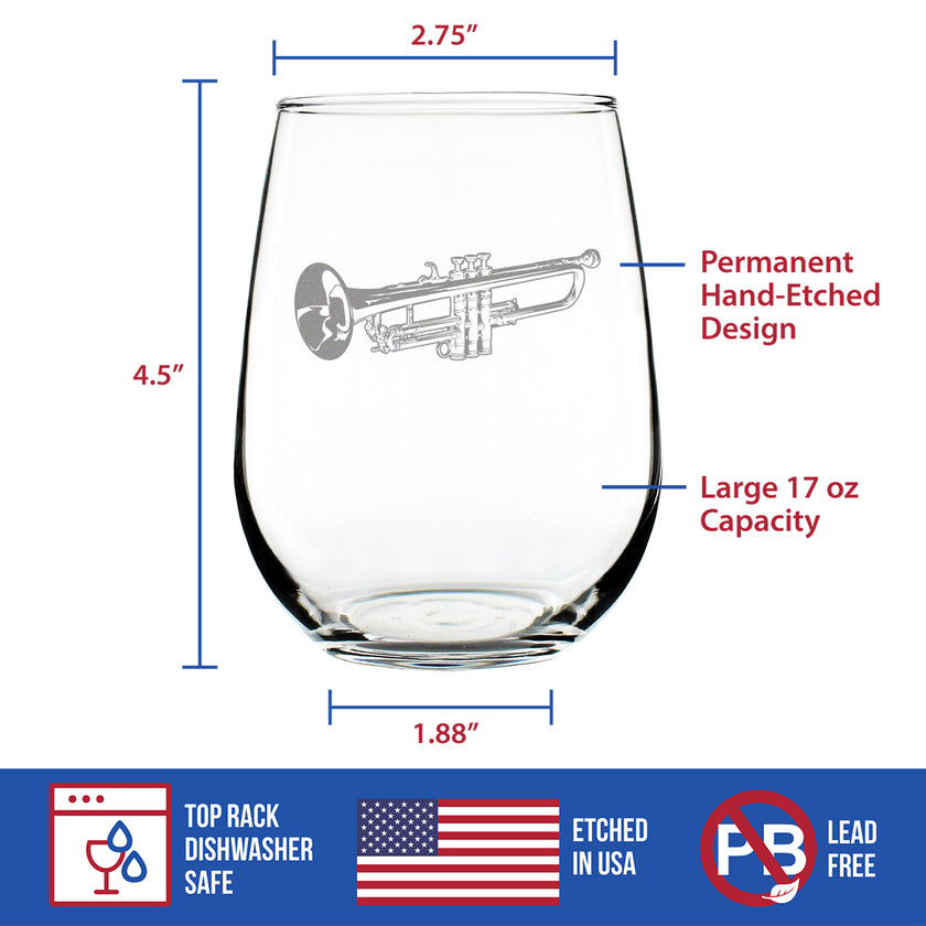Trumpet Stemless Wine Glass - Music Gifts for Trumpet Players, Teachers and Musical Accessories for Musicians that Play Trumpets - Large 17 Oz Glasses