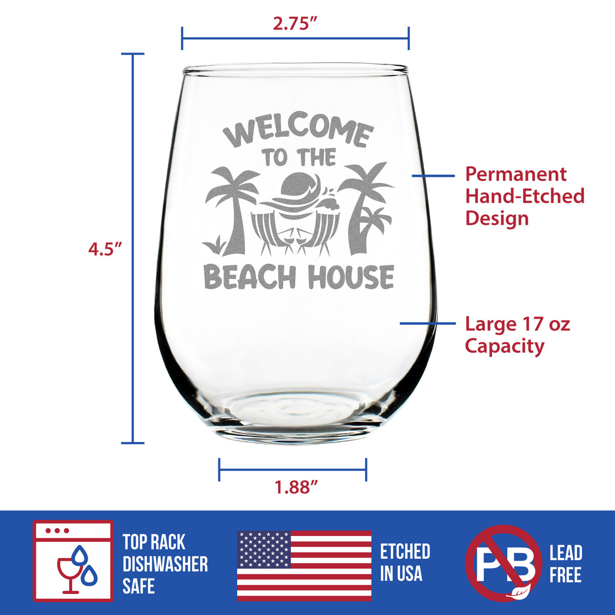 Welcome To The Beach House - Stemless Wine Glass - Coastal Decor for Home - Large 17 Ounce Glasses…