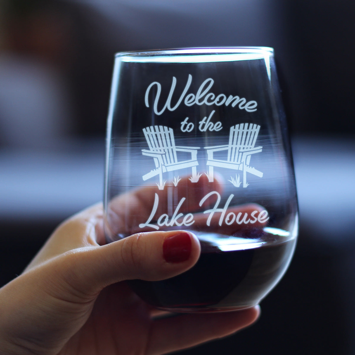 Welcome To The Lake House - Stemless Wine Glass - Lake Home Rustic Cabin Decor - Large 17 Ounce Glasses