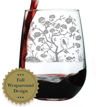 Chinoiserie Mural Pattern Engraved Stemless Wine Glass - Full Wrap - Multi-Layer Engraving - 17 oz & 15 oz