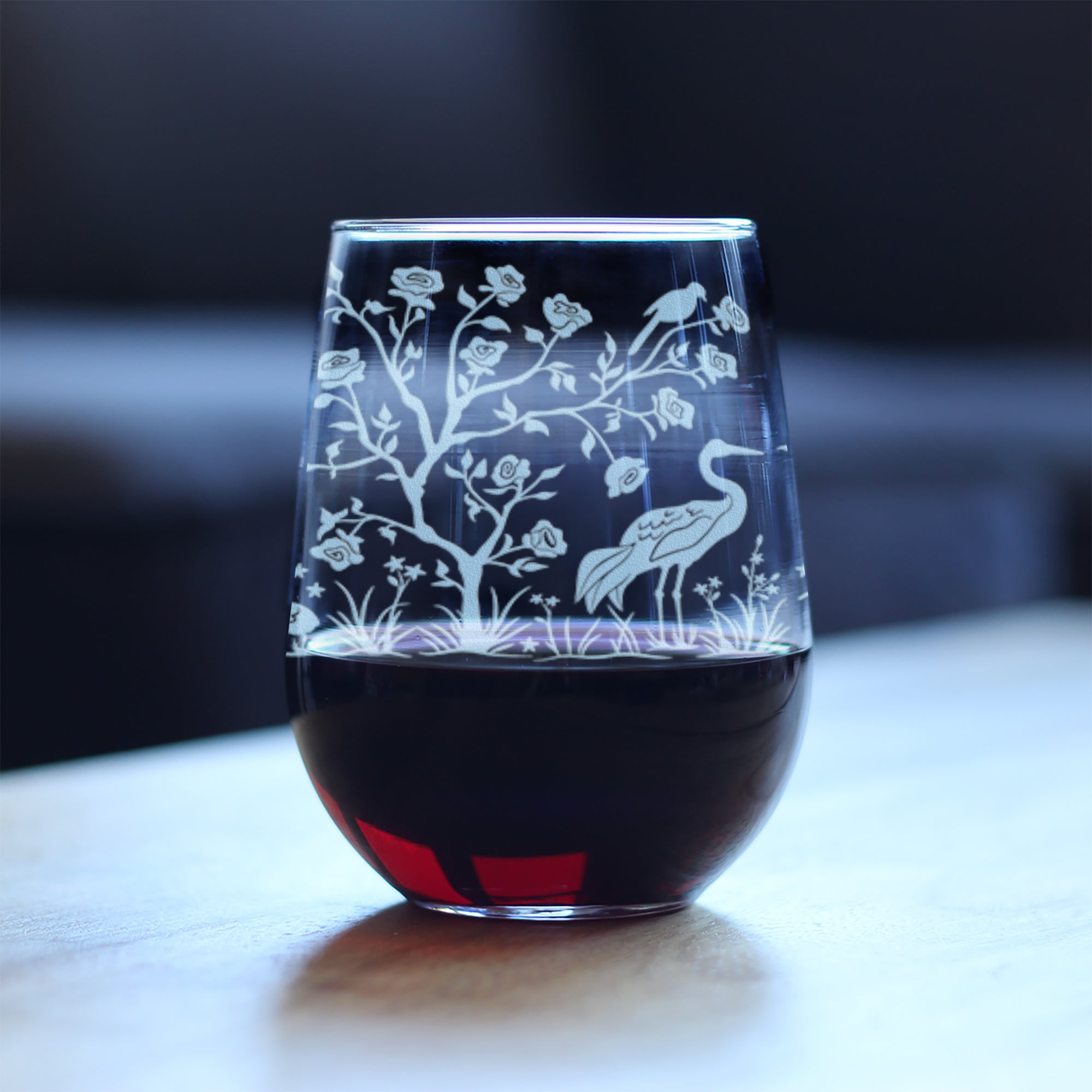 Chinoiserie Mural Pattern Engraved Stemless Wine Glass - Full Wrap - Multi-Layer Engraving - 17 oz & 15 oz