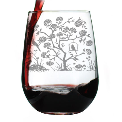 Chinoiserie Mural Pattern Engraved Stemless Wine Glass - Full Wrap - Multi-Layer Engraving - 17 oz & 15 oz