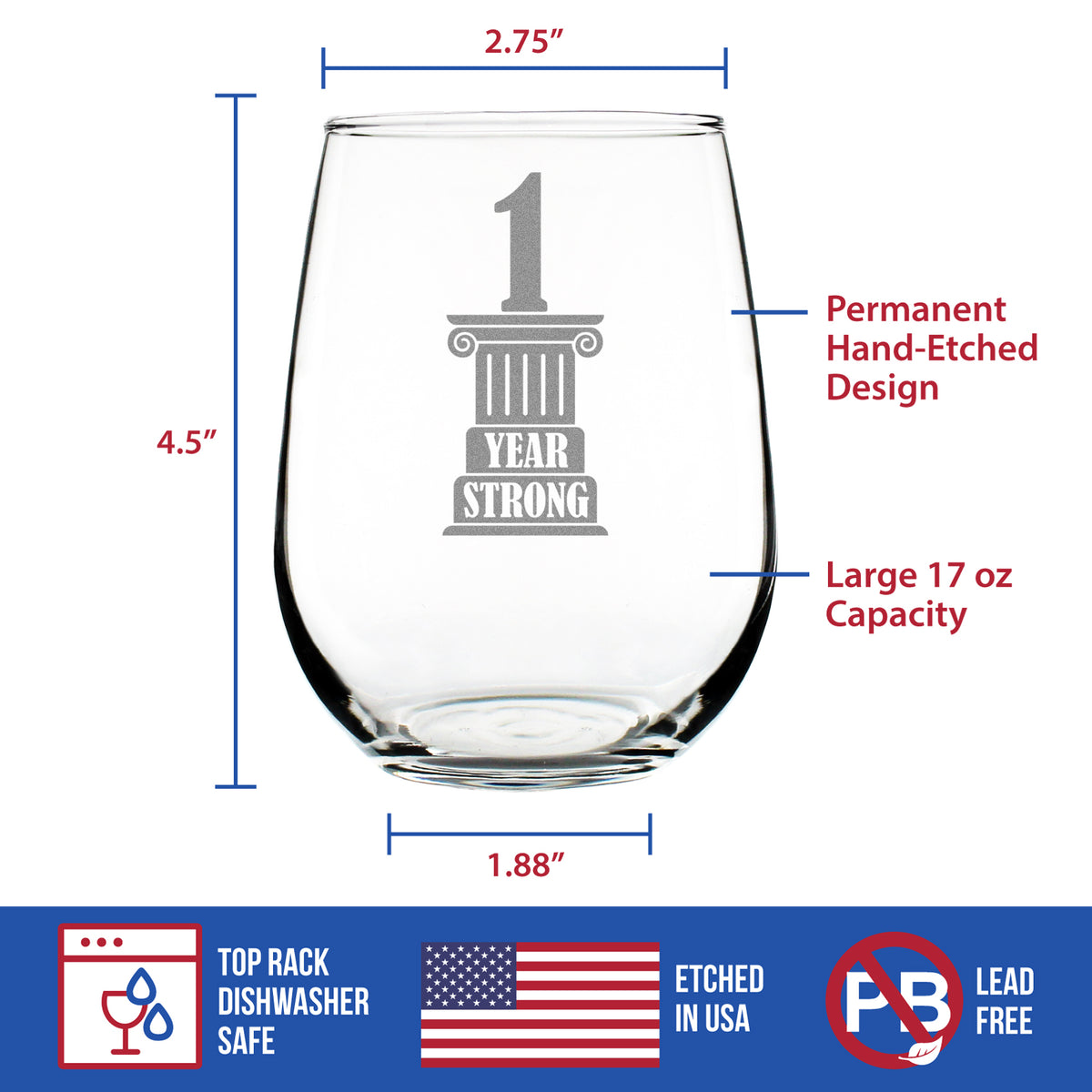 1 Year Strong Engraved Stemless Wine Glass Gifts 1st Anniversary Party Decor Large Wine Glasses - 17 oz