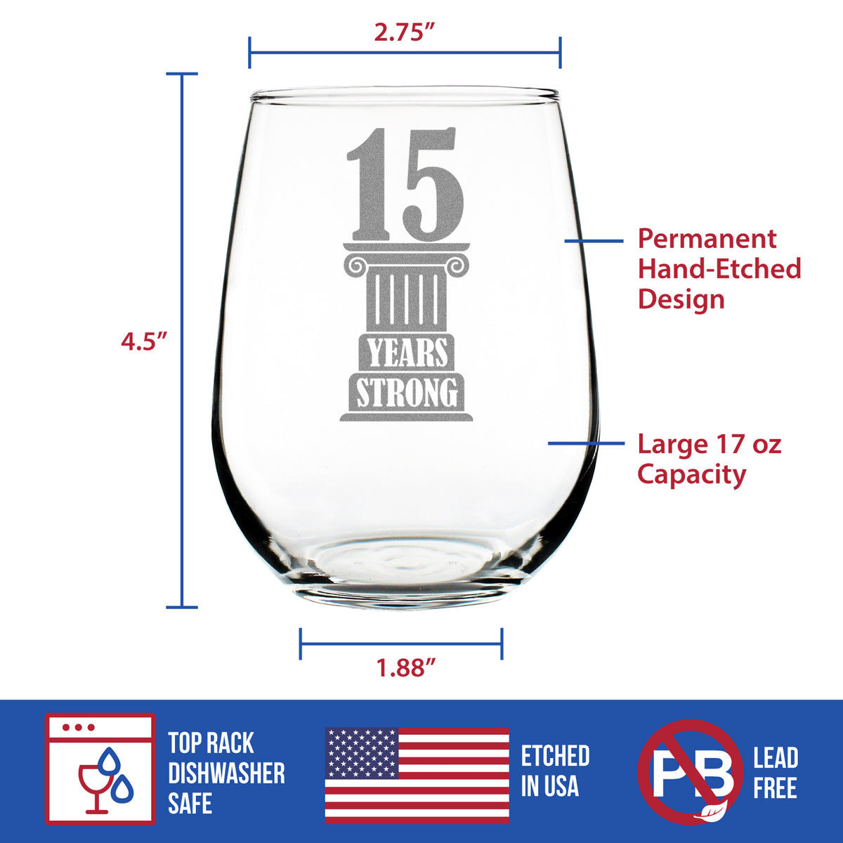 15 Years Strong Engraved Stemless Wine Glass Gifts 15th Anniversary Party Decor Large Wine Glasses - 17 oz