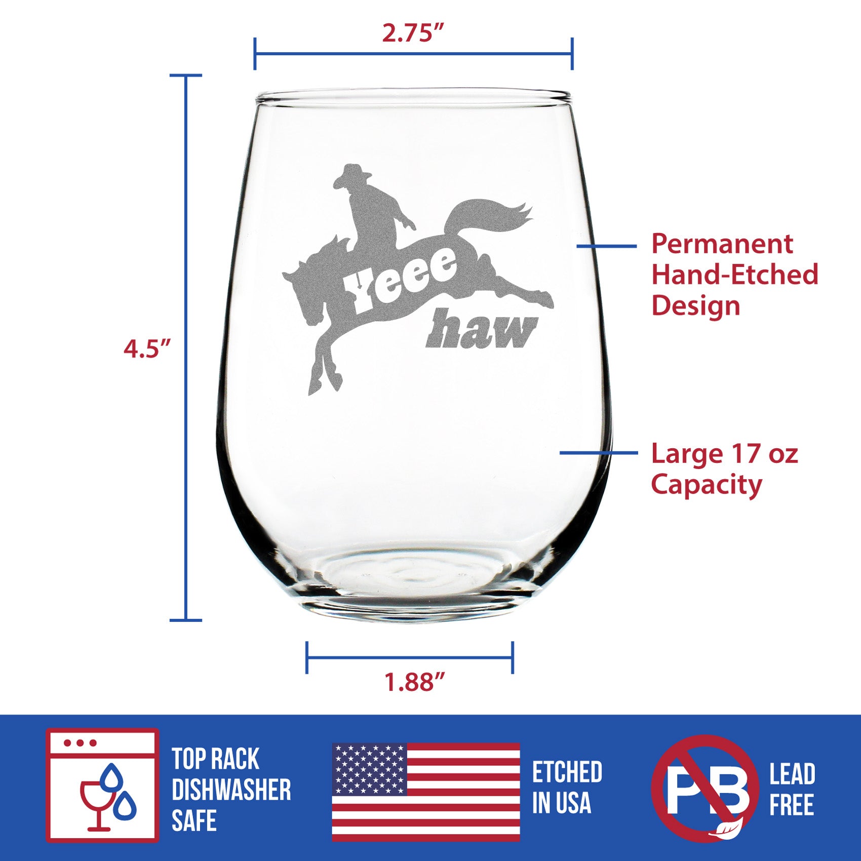 Yeehaw Engraved Stemless Wine Glass Gifts Rodeo Party Decor & Western Home Decorations Large Wine Glasses - 17 oz